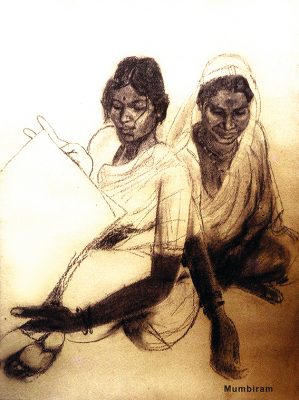 "Kusum brings her Mother Sakhrabai to visit the Artist”, Charcoal, 1984